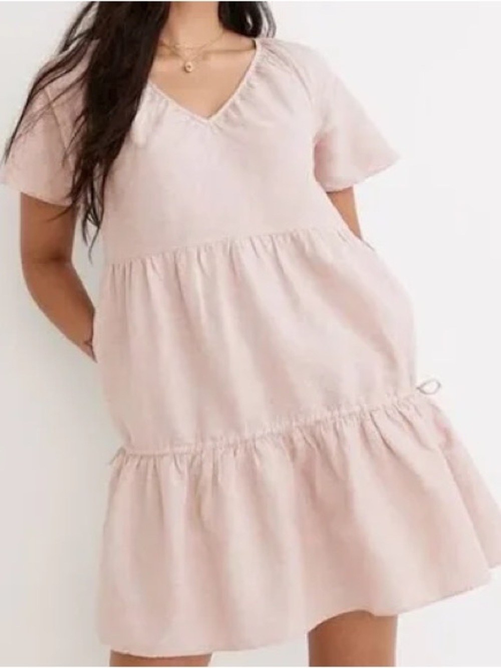 Madewell Light Pink Tiered V-Neck Short Sleeve Linen Blend Swing Dress